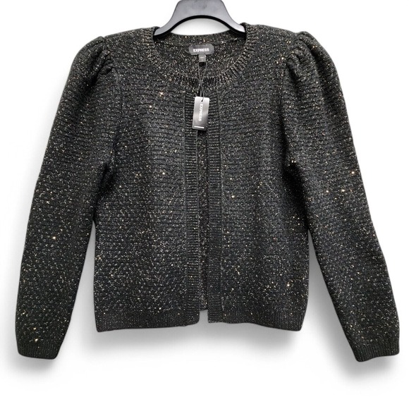 Express Sweaters - Express Cardigan Sweater Womens L Black Gold Detail Puff Shoulder Wool Blend NEW